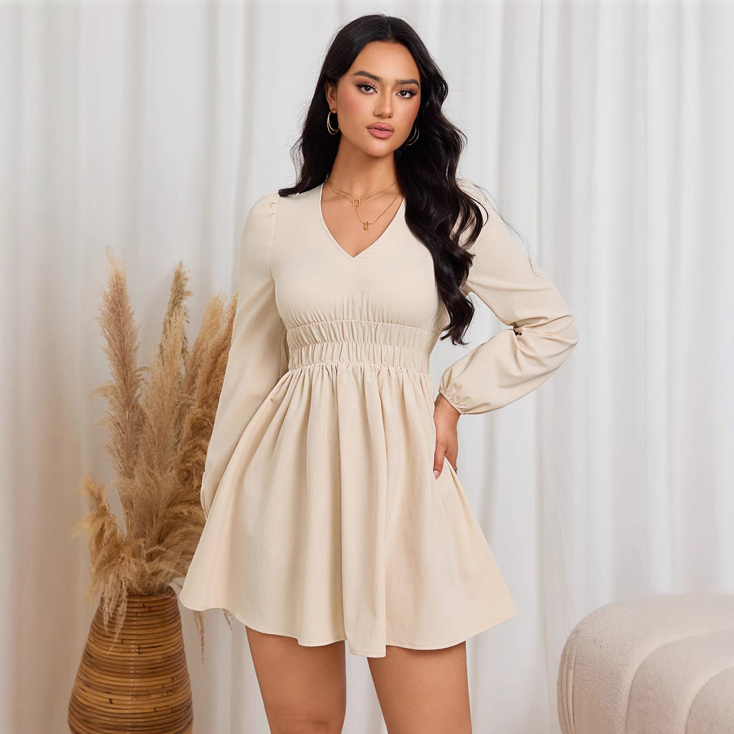 Damen gerafftes Skater-Minikleid mit V-Ausschnitt Smok-Taillenband und ballonärmeln Drune