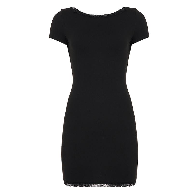 Damen Schickes Kurzarmkleid mit Spitzenbordüre Drune