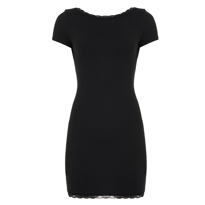 Damen Schickes Kurzarmkleid mit Spitzenbordüre Drune