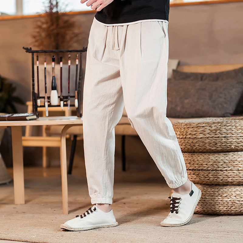 Herren nan leichte Baumwoll-Leinen Jogginghose mit Kordelzug elastischen Bündchen und Seitentaschen Drune