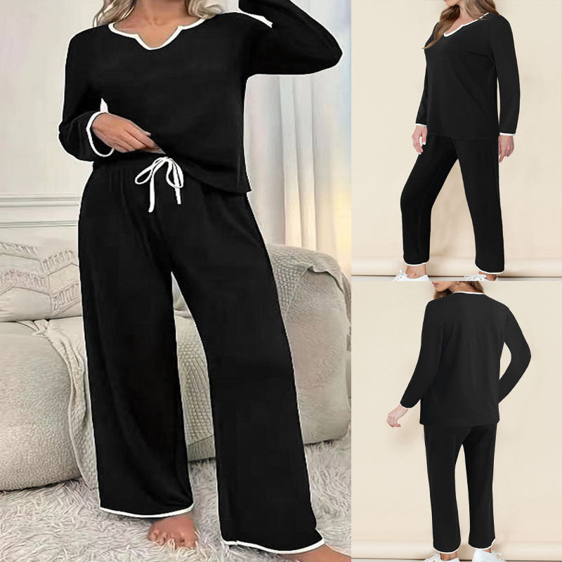 Damen Zweiteiliges Lounge-Set aus weichem Jersey mit V‑Ausschnitt, Langarm-Oberteil und weitem Palazzohosenbein Drune