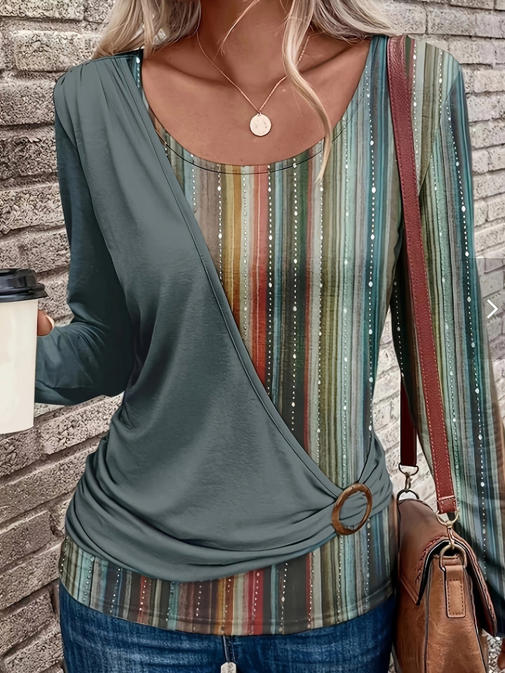 Damen Lagenlook Wickel‑Shirt mit asymmetrischer Drapierung und gestreiftem Unterteil Drune