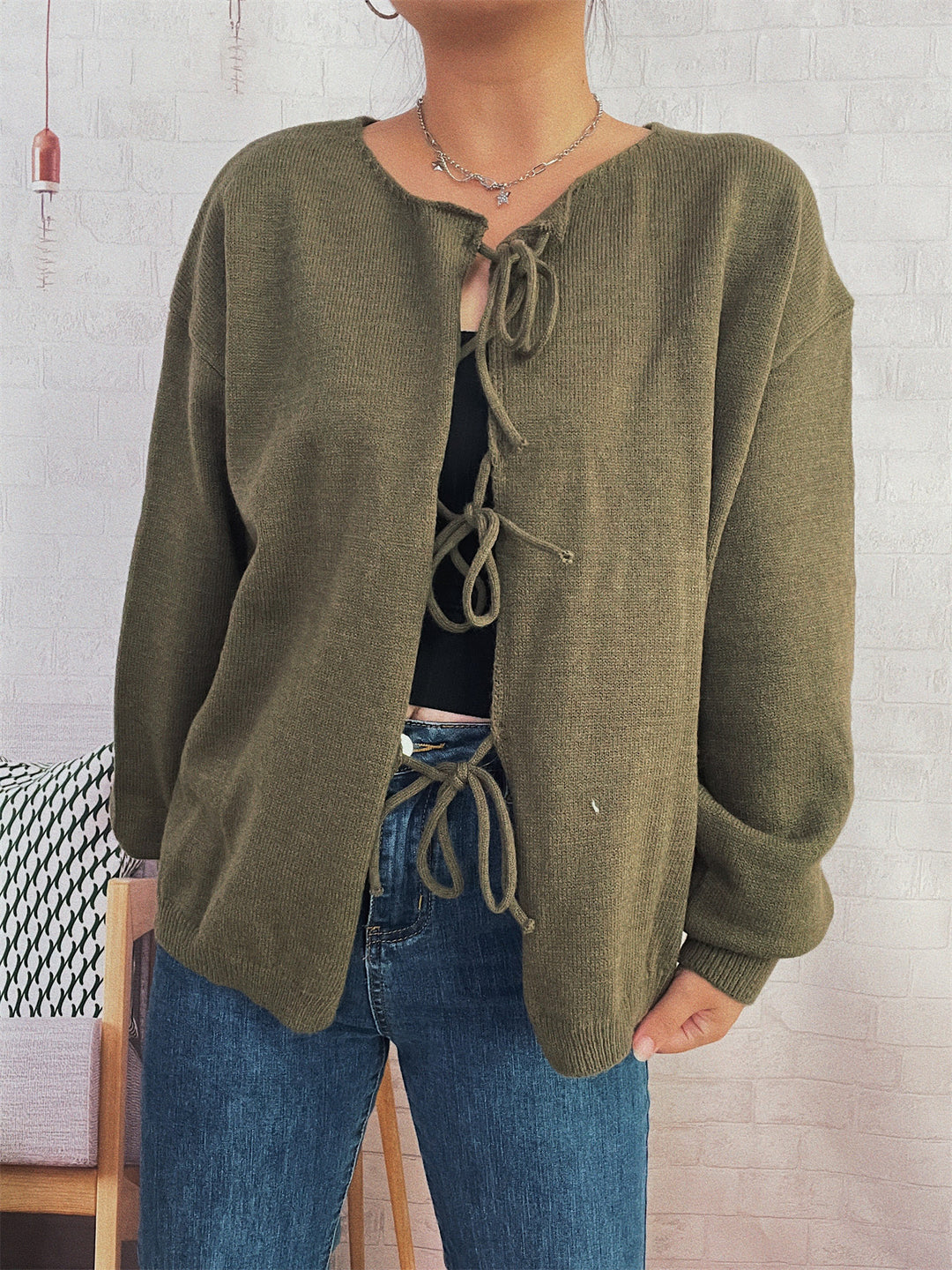 Damen Strickjacke mit dekorativem Schnürdesign und weitem Schnitt Drune