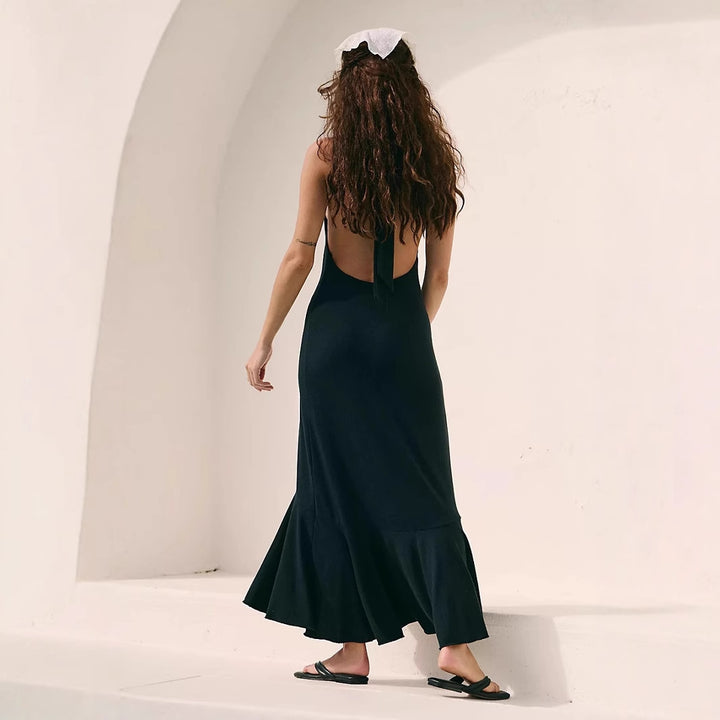 Damen elegantes Maxikleid mit tiefem V-Ausschnitt und schwingendem Saum Drune