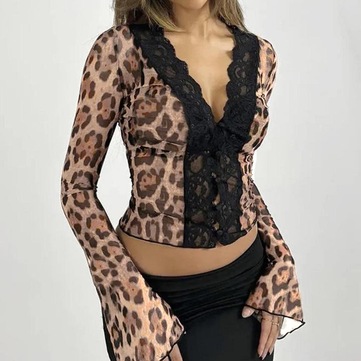 Damen Elegant geschnittenes Top mit animalischem Muster und Rüschendetails Drune