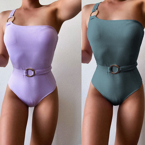 Damen Einteiliger Badeanzug mit modischem Taillengürtel Drune