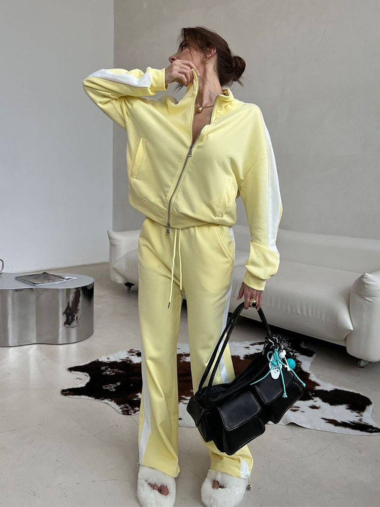 Damen weites Zip-Sweatset mit Kapuze, hohen Bund und seitlichem Kontraststreifen Drune