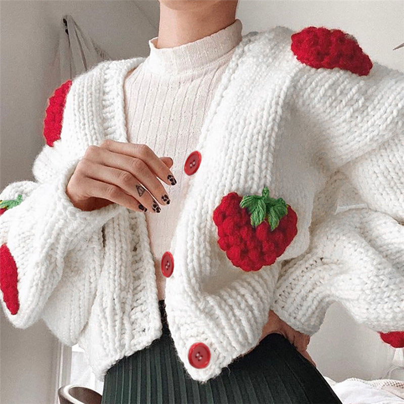 Damen Strickjacke mit Erdbeer-Applikationen und weit geschnittenen Ärmeln Drune