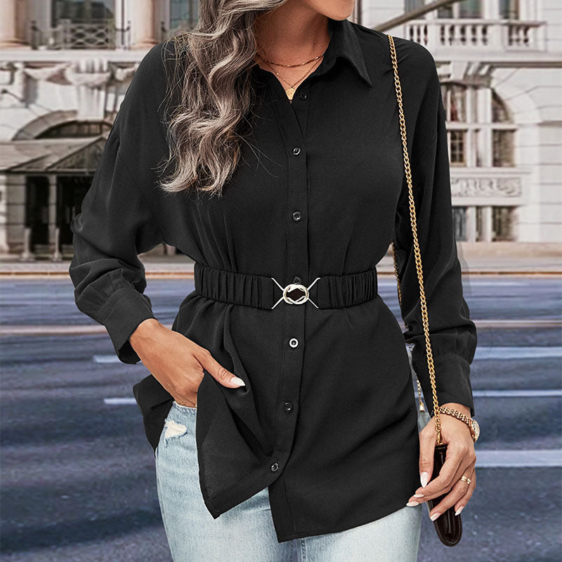 Damen Hemdblusenshirt mit elastischem Taillenband und Schmuckschließe Drune