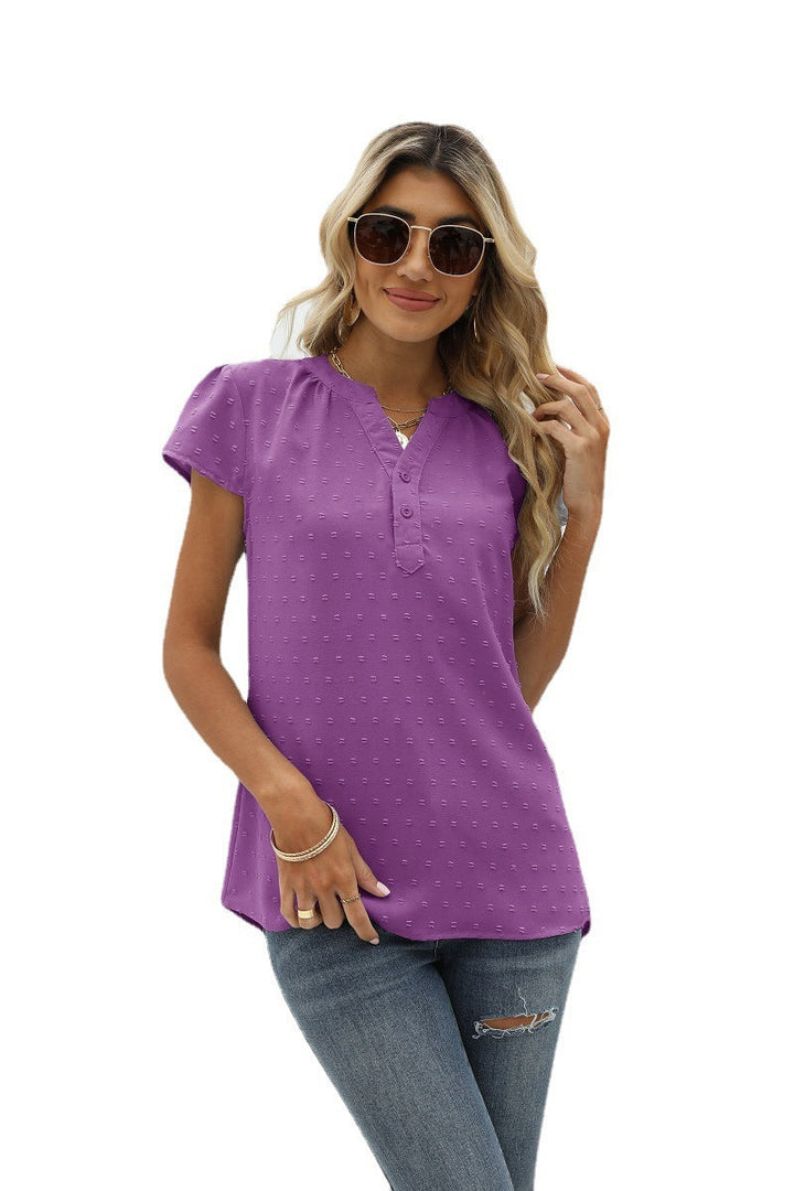 Drune | Jacquard Chiffon Locker V-Ausschnitt Kurzarm Top