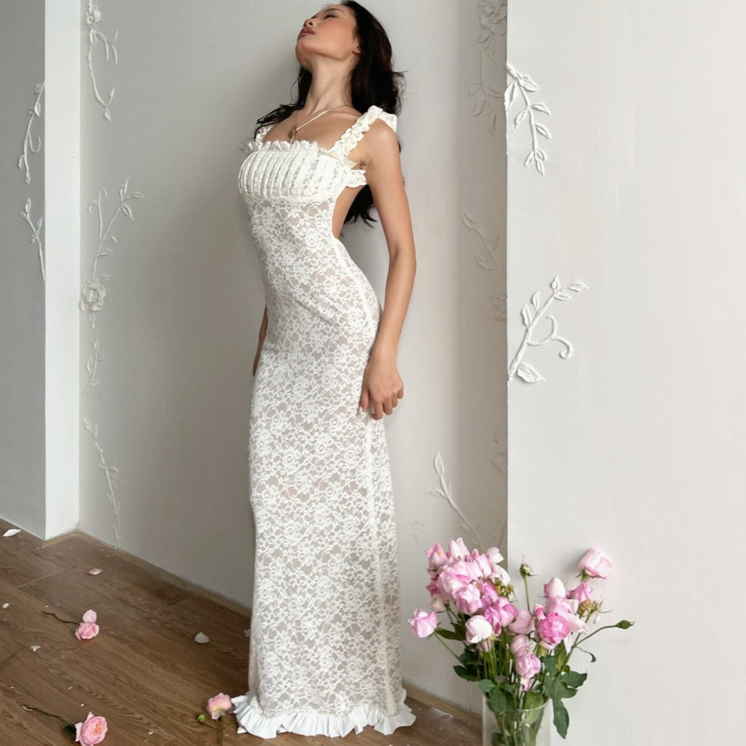 Damen Spitzen-Maxikleid mit Rüschendetails und elegantem Schnitt Drune
