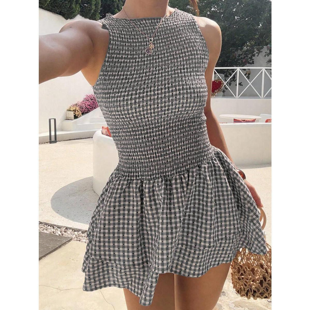 Damen ärmelloses Mini-Dress mit Karomuster und elastischem Bund Drune