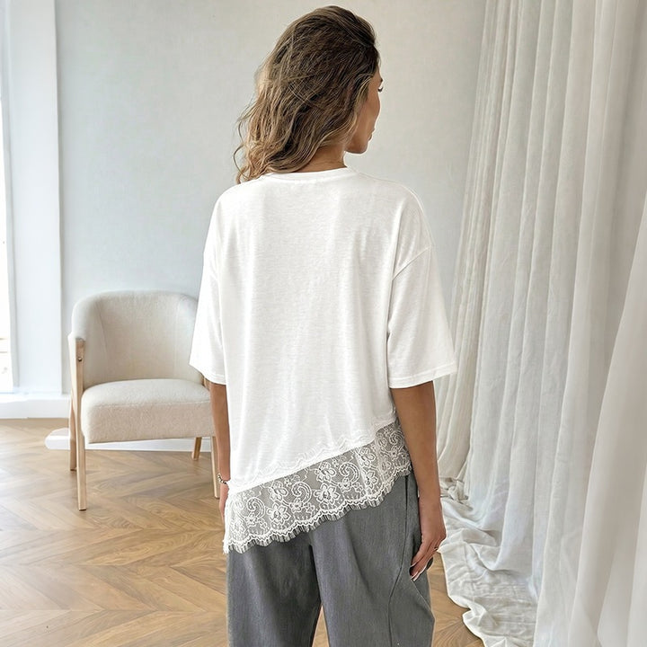 Damen Elegantes T-Shirt mit Spitzenrand Drune