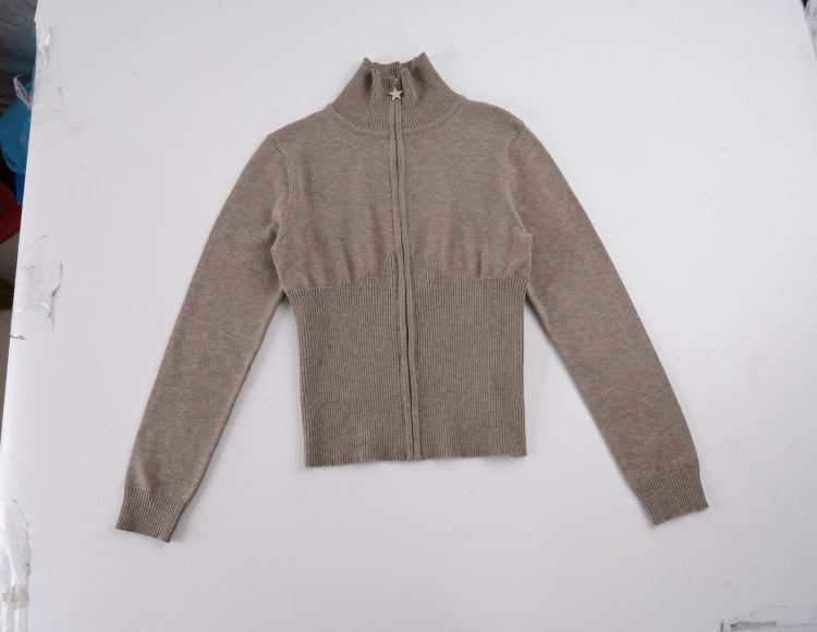 Damen Figurbetonter Zip-Pullover mit Stehkragen und taillierter Rippstruktur Drune