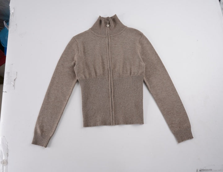 Damen Figurbetonter Zip-Pullover mit Stehkragen und taillierter Rippstruktur Drune