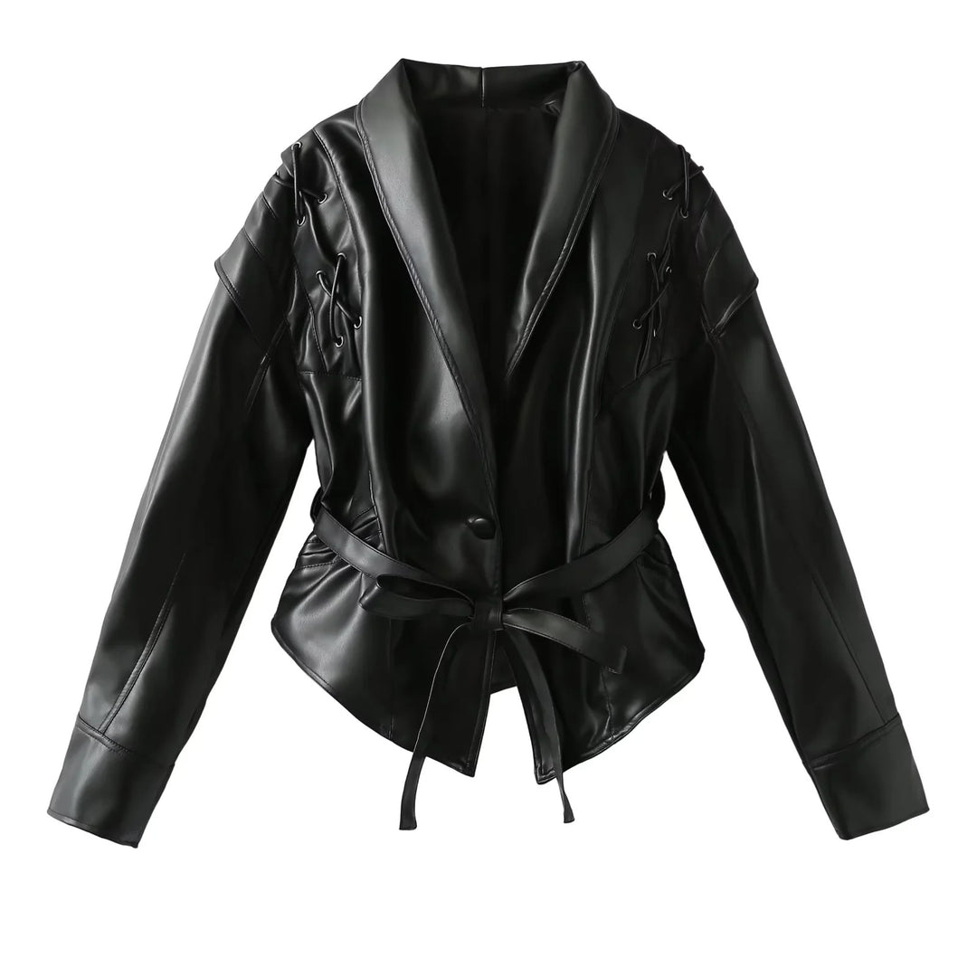 Damen nan Veloursoptik Blazerjacke mit Schalkragen, Schnürbesatz an den Schultern und taillierendem Bindegürtel Drune