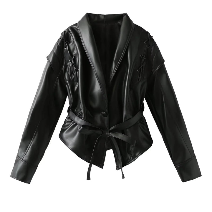 Damen nan Veloursoptik Blazerjacke mit Schalkragen, Schnürbesatz an den Schultern und taillierendem Bindegürtel Drune