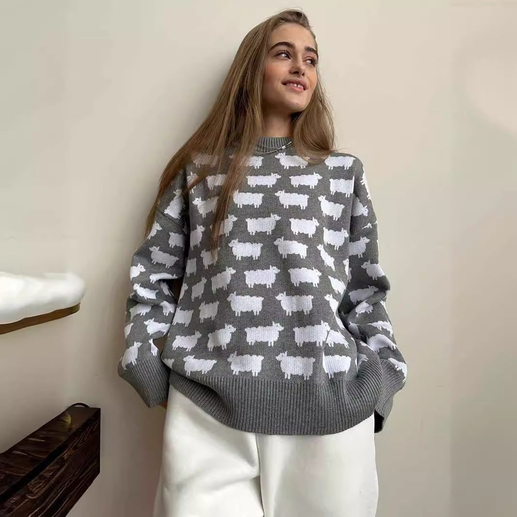 Damen Gemusterter Strickpullover mit Schafmotiven Drune