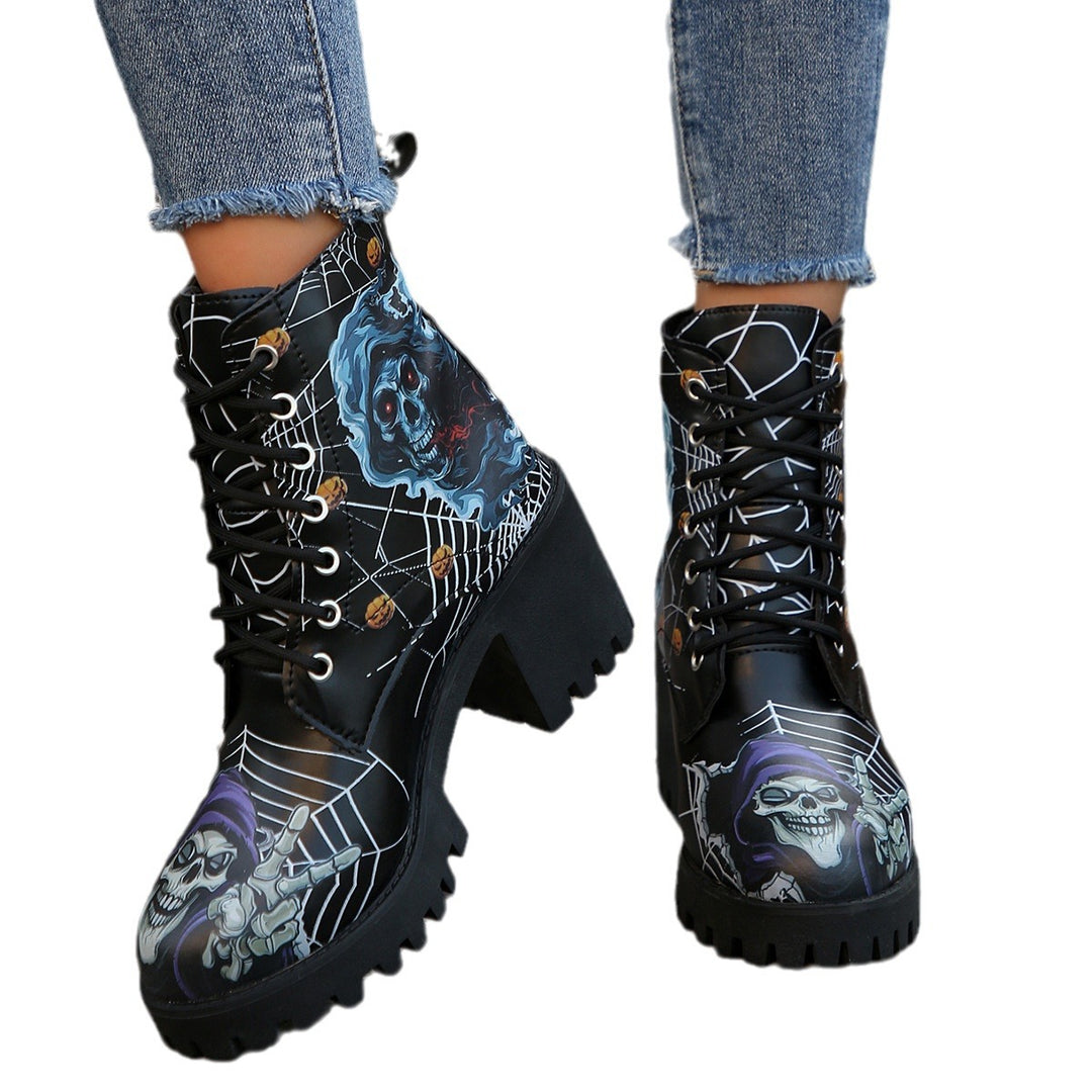 Damen Schnürstiefel mit Halloween-Motiv und robustem Blockabsatz Drune