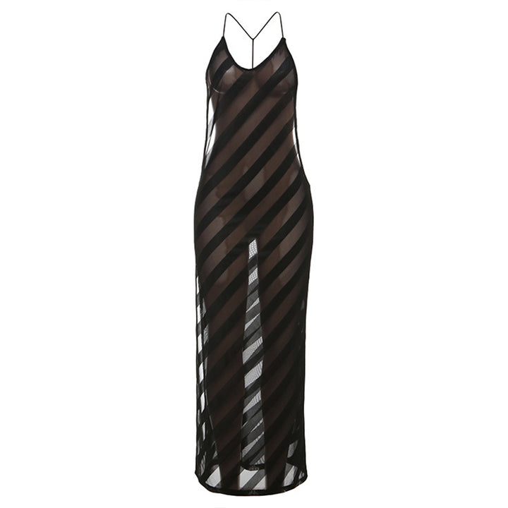 Damen elegantes Maxikleid mit tiefem Rückenausschnitt und feinem Streifenmuster Drune