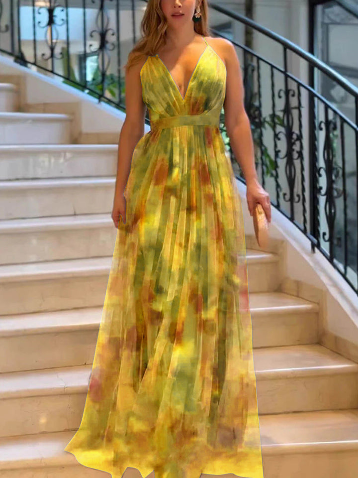 Damen Maxikleid mit tiefem V-Ausschnitt und fließendem Chiffon Drune