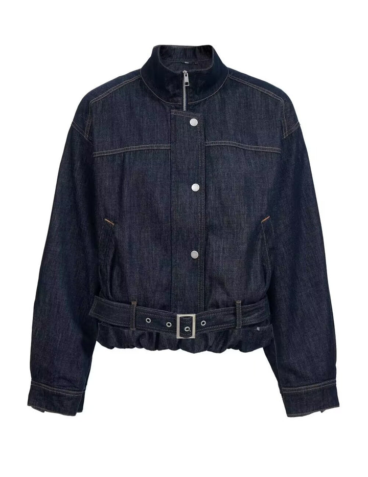 Damen Cropped Jeansjacke mit Stehkragen, Taillengürtel und elastischem Saum Drune