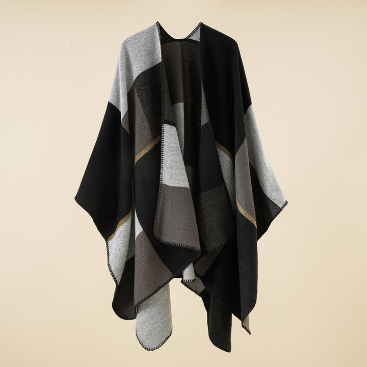 Damen Dreieckiger Strickponcho mit geometrischem Jacquardmuster und Ziernaht Drune