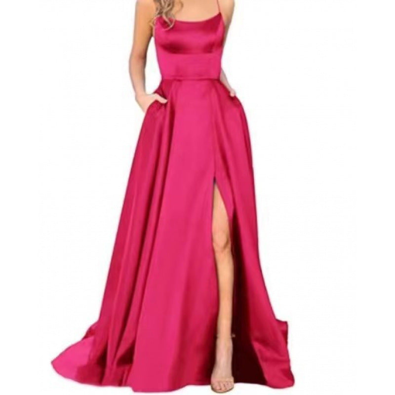 Damen Maxikleid Spaghettiträger Oberschenkelschlitz