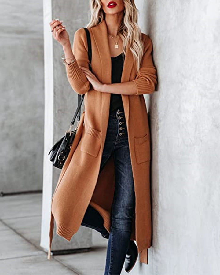 Damen Strickmantel mit Bindegürtel und großen Taschen Drune