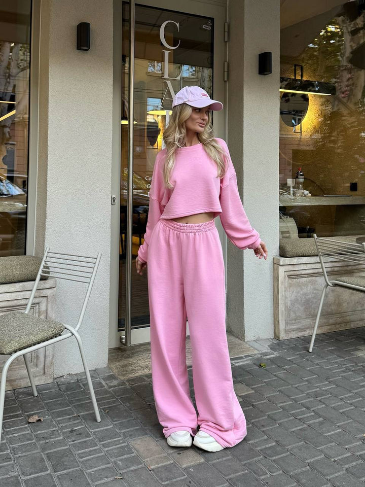 Damen Relaxed-Zweiteiler mit cropped Rundhals-Sweatshirt und extraweiter High-Waist Palazzo-Jogginghose Drune