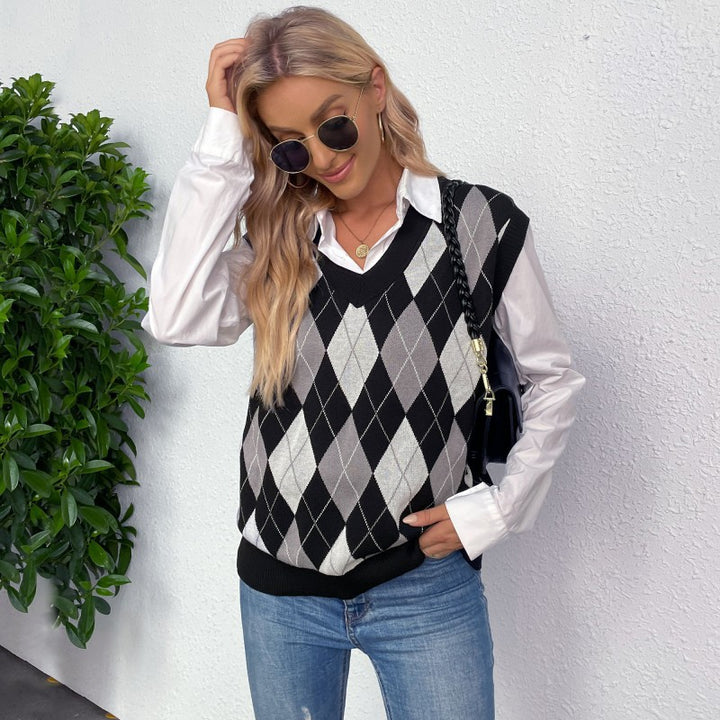 Damen Argyle-Strickweste mit V-Ausschnitt und lässiger Oversize-Passform Drune