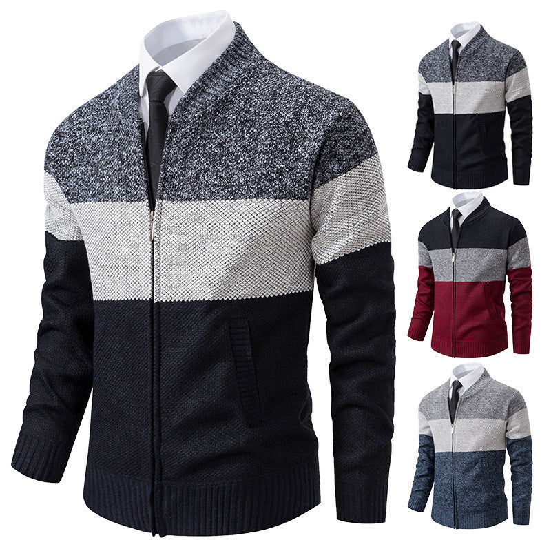 Herren Strukturierte Blockstreifen‑Strickjacke mit Frontzip, Stehkragen und Eingrifftaschen Drune