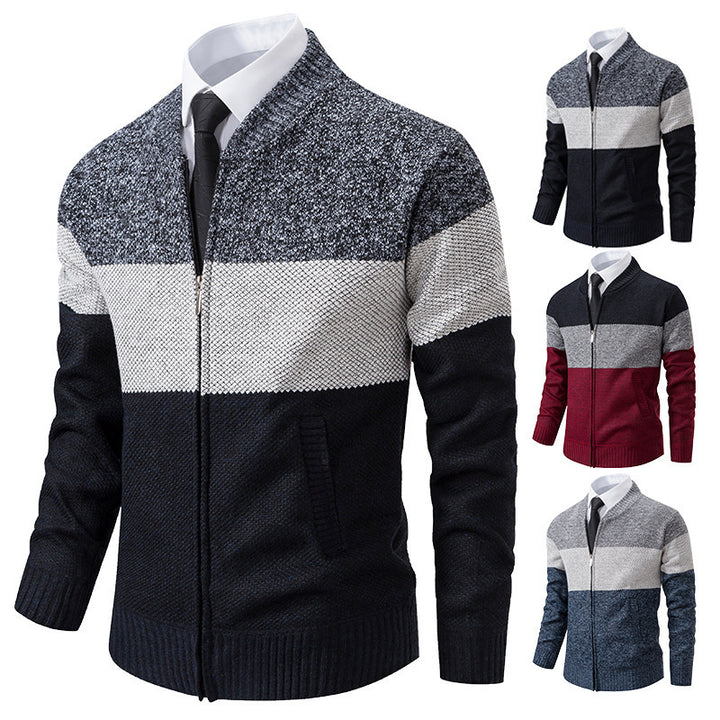 Herren Strukturierte Blockstreifen‑Strickjacke mit Frontzip, Stehkragen und Eingrifftaschen Drune