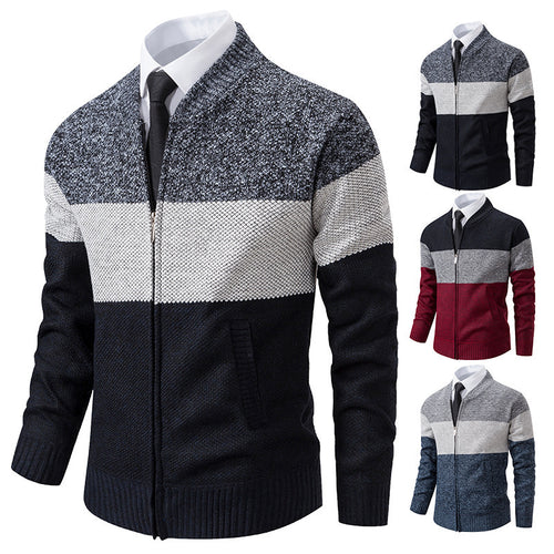Herren Strukturierte Blockstreifen‑Strickjacke mit Frontzip, Stehkragen und Eingrifftaschen Drune