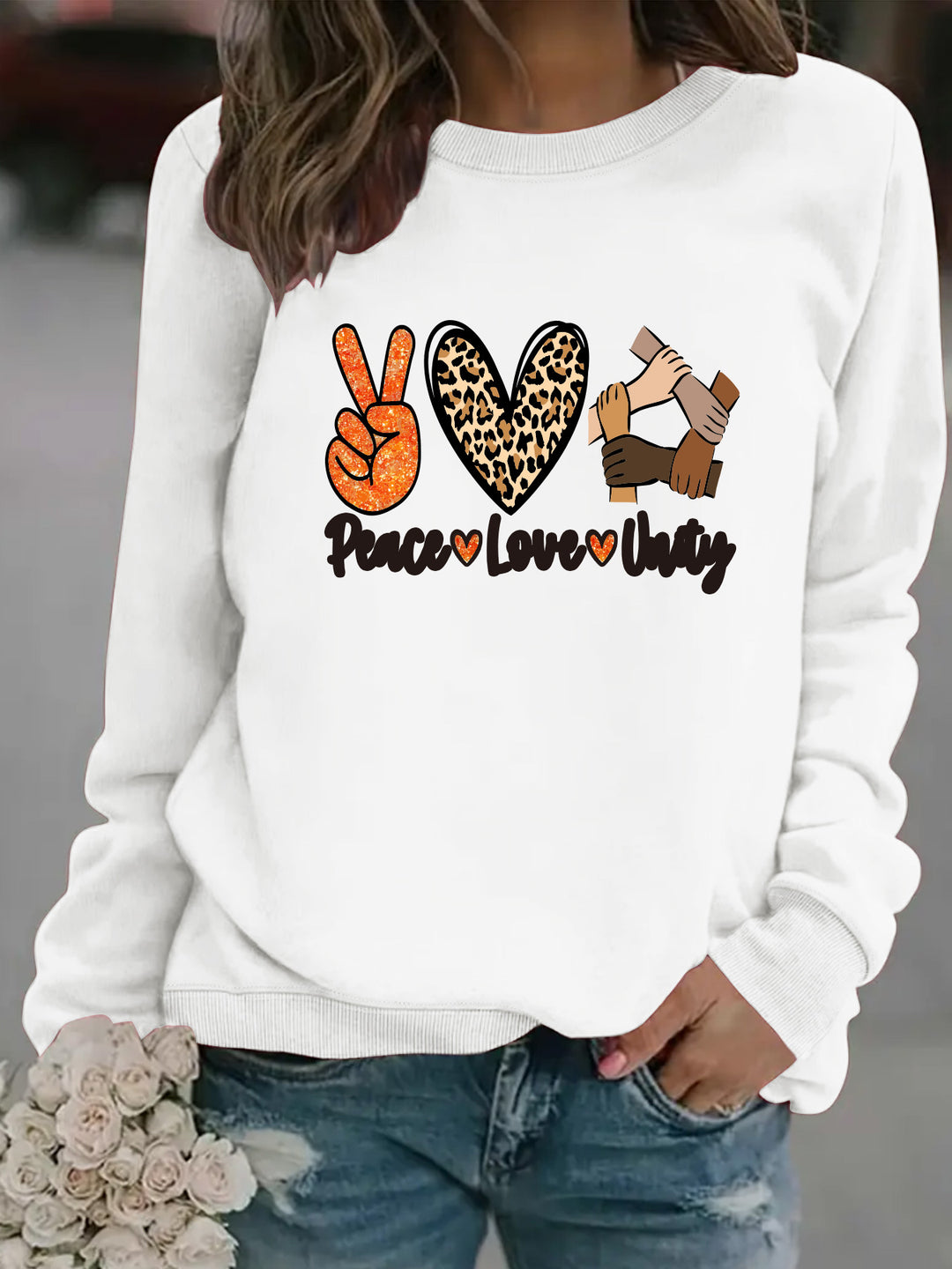 Damen Sweatshirt mit kreativem Peace, Love & Unity Motiv Drune