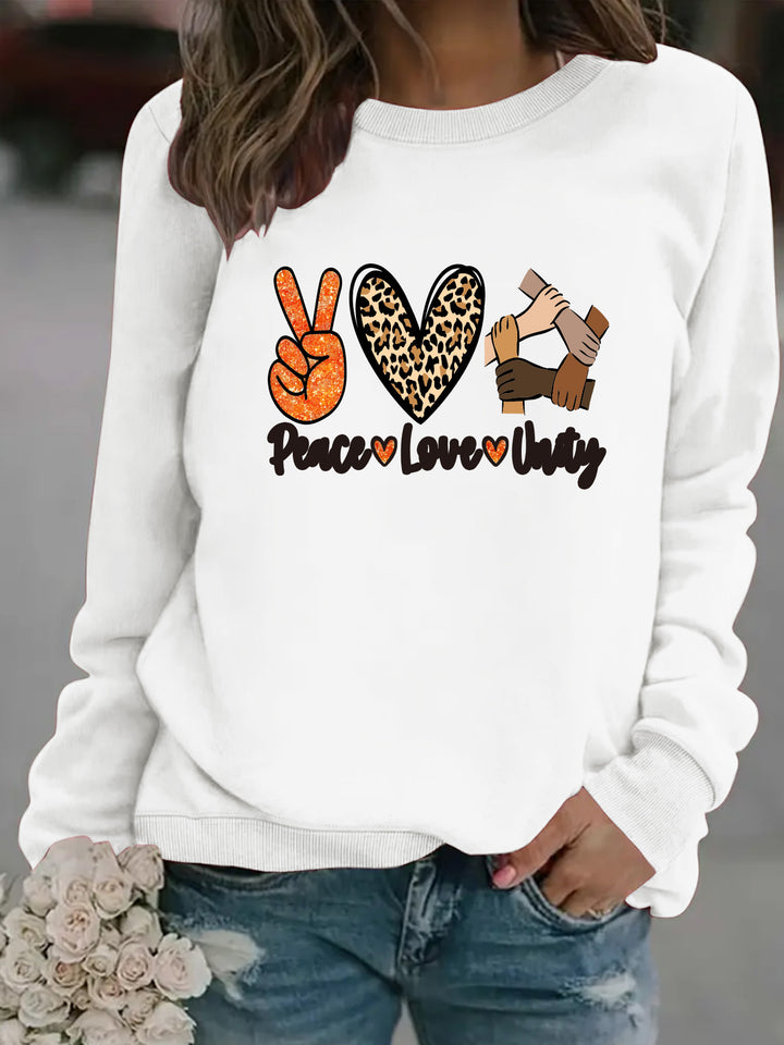 Damen Sweatshirt mit kreativem Peace, Love & Unity Motiv Drune