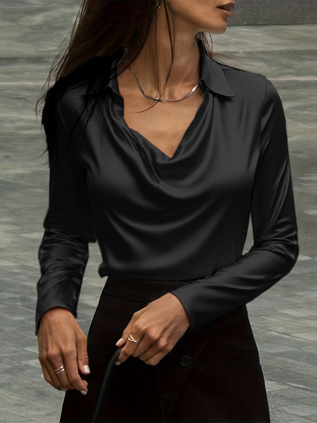 Damen Satinbluse mit Wasserfallkragen und Hemdkragen Drune