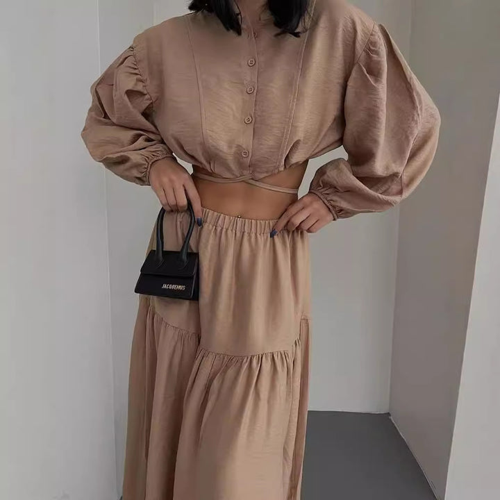 Damen Zweiteiliges Boho-Set mit Cropped-Bluse und Maxirock mit Schlitz Drune