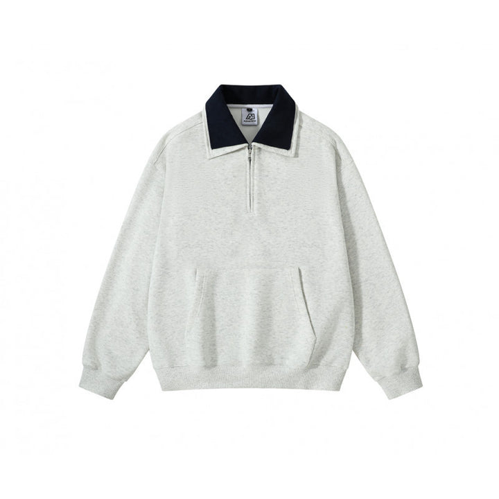Unisex Oversize-Halbzip-Sweatshirt mit kontrastierendem Kentkragen, Kängurutasche und gerippten Bündchen Drune