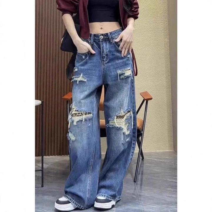Damen Baggy-Jeans mit modischen Rissdetails und hohem Taillenbund Drune