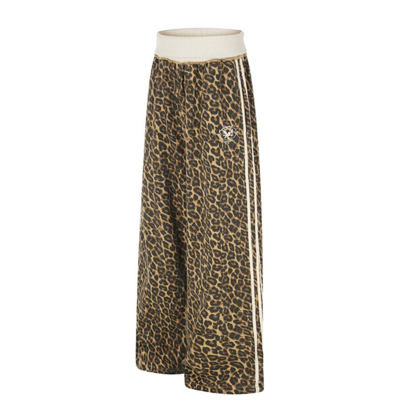 Damen weite Palazzo-Jogginghose mit Leopardenprint und elastischem Rippbund Drune