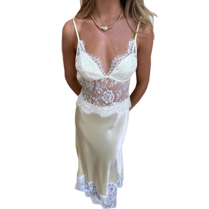 Damen Elegantes Nachtkleid mit transparentem Spitzeneinsatz und verstellbaren Trägern Drune
