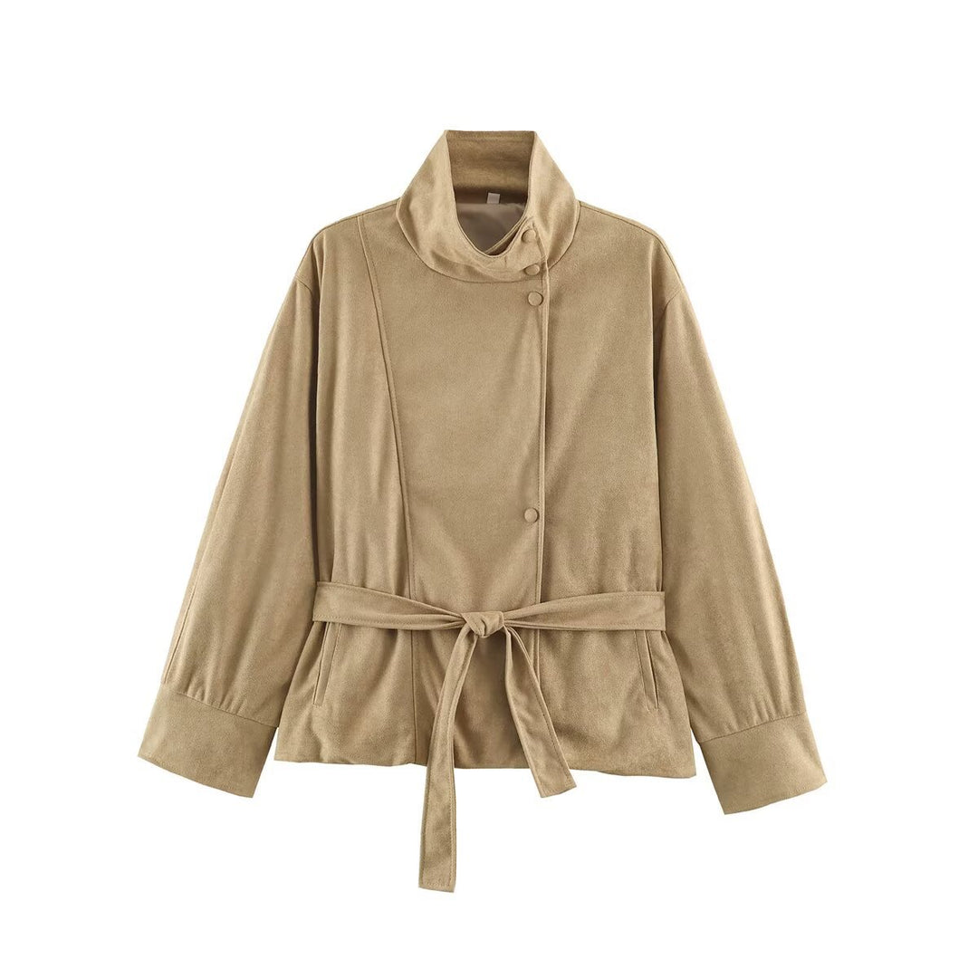 Damen Boxy-Wickeljacke in Veloursoptik mit hohem Stehkragen und Bindegürtel Drune