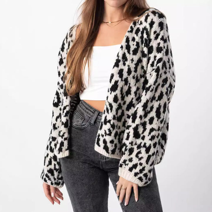 Damen Oversized Strickjacke mit trendy Leopardenmuster und voluminösen Ärmeln Drune