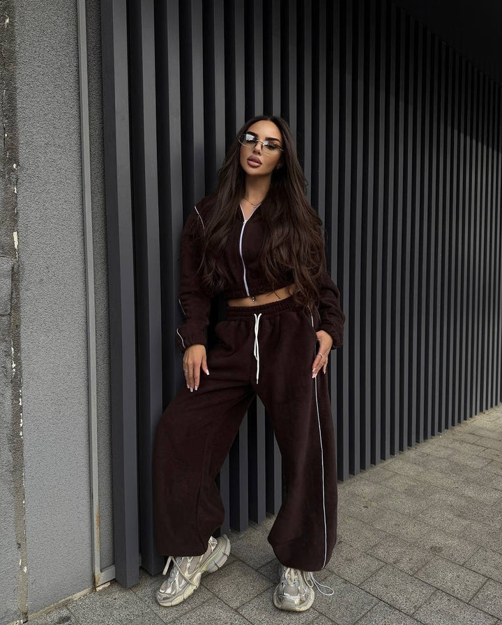 Damen Gekürztes Zip-Fleece-Set mit tailliertem Kordelbund und weitem Hosenbein Drune