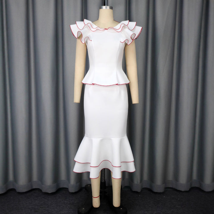 Damen figurbetontes Kleid mit voluminösem Rüschensaum und farbigem Akzent Drune