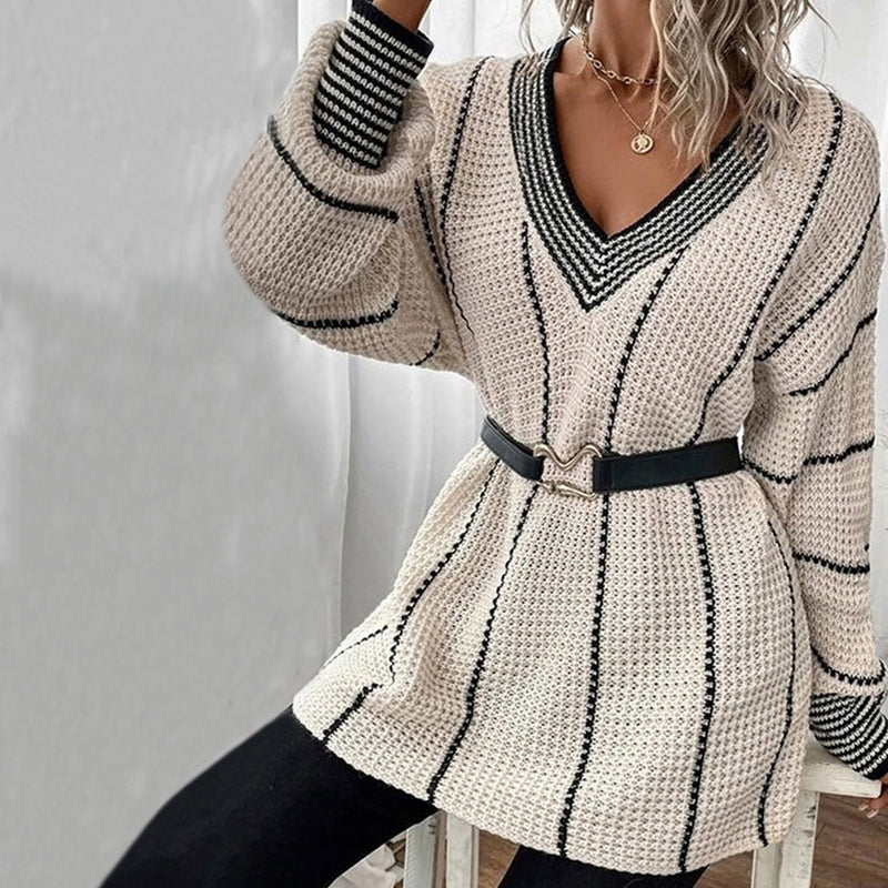 Drune | Pullover - Damen Winter Gestreifter V-Ausschnitt Strickpullover