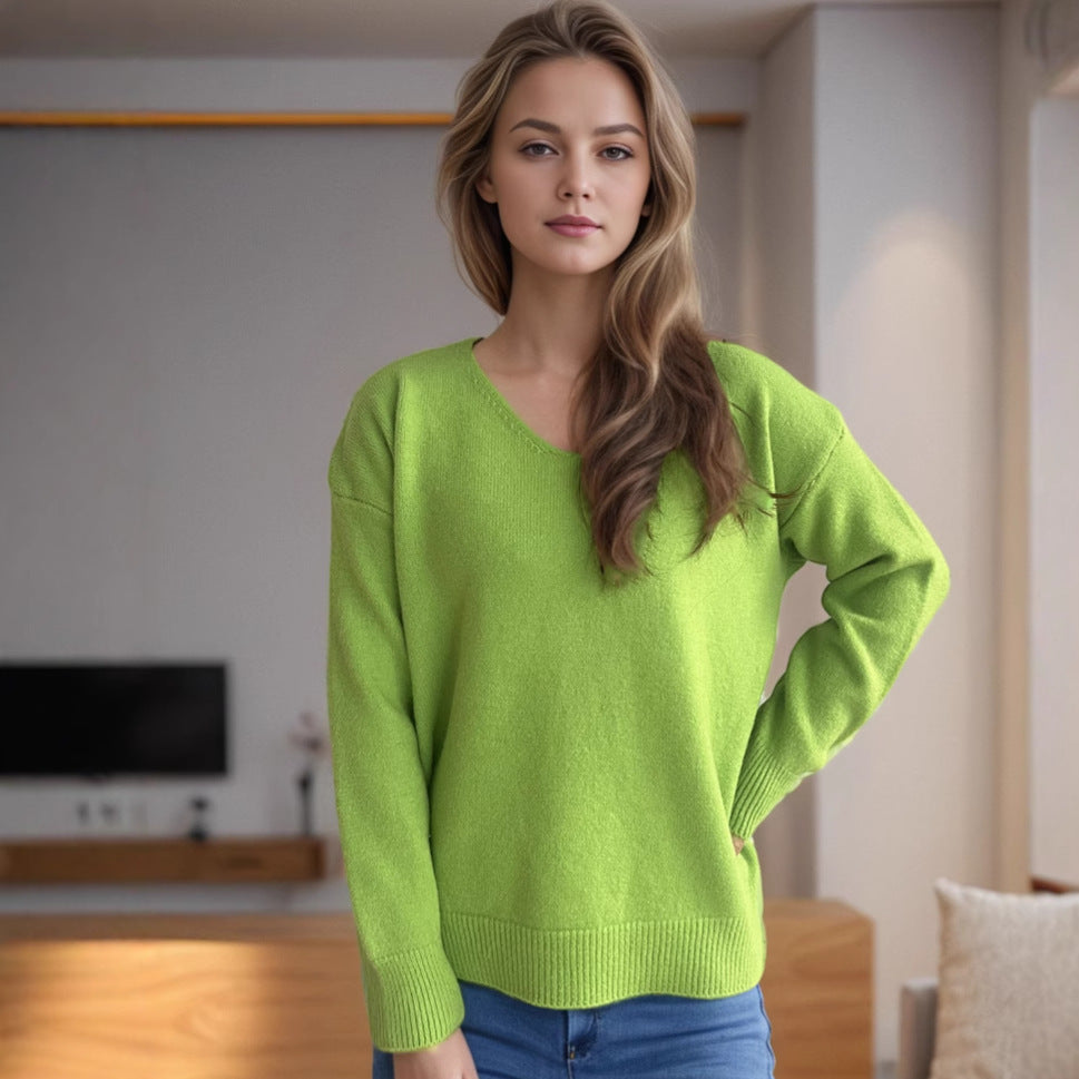 Damen bequemer V-Ausschnitt Pullover mit weichem Strickstoff Drune