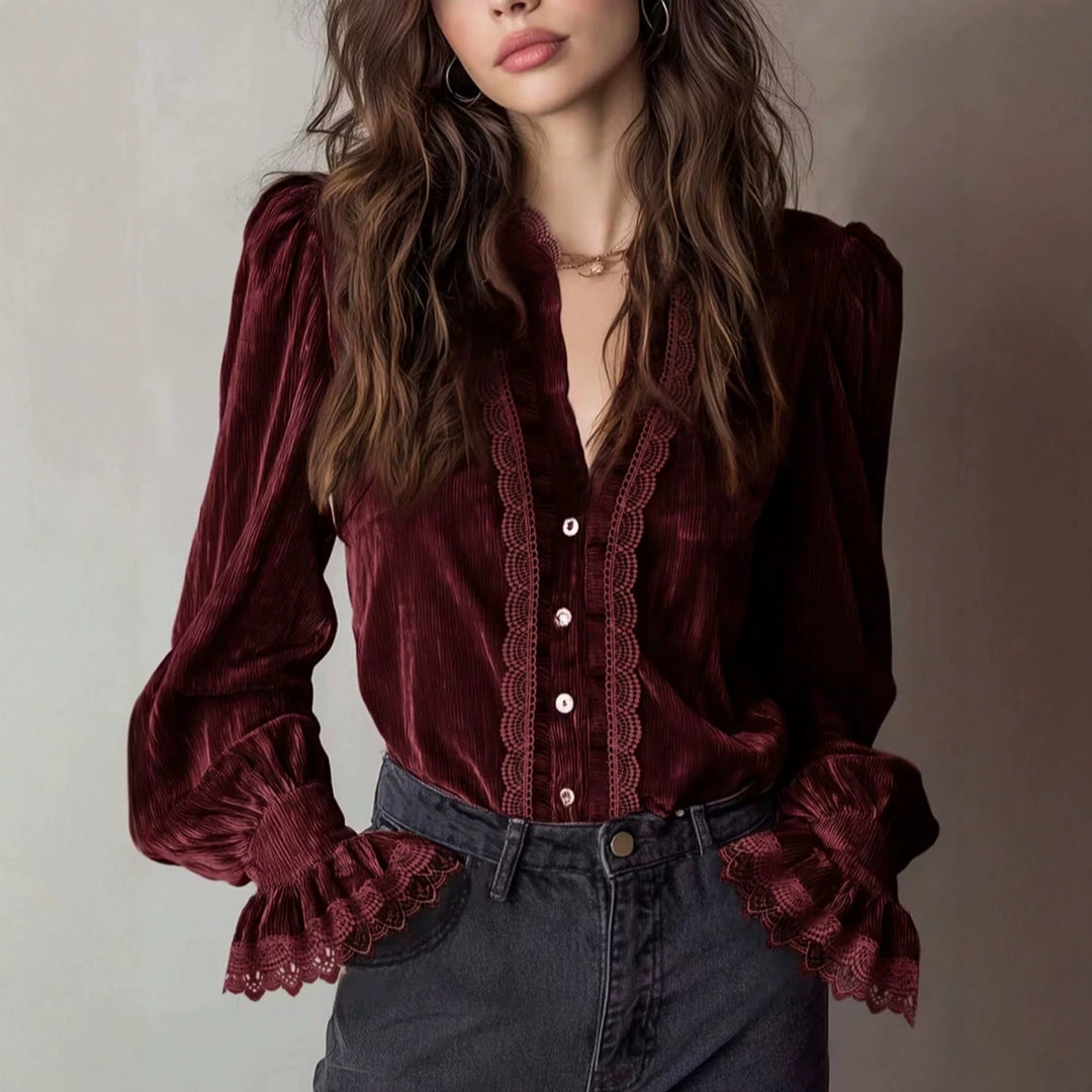 Damen Plissée-Veloursbluse mit Spitzenrüschen und Puffärmeln Drune