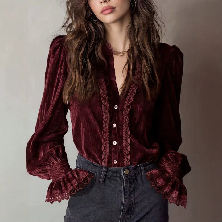 Damen Plissée-Veloursbluse mit Spitzenrüschen und Puffärmeln Drune